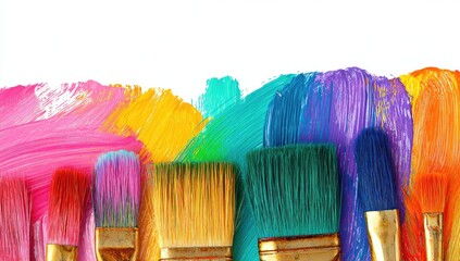 Colorful paint strokes and paintbrushes against white