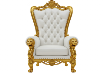 Ornate golden throne chair with white upholstery isolated on transparent background