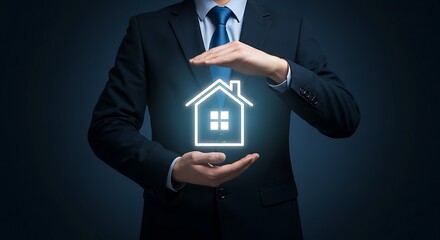 Businessman protecting a house icon with his hands, symbolizing home security and protection.