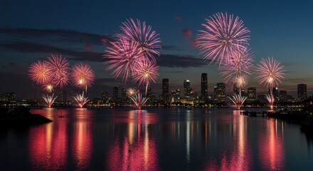 Pink fireworks over city skyline at night
