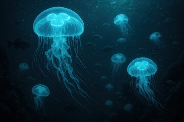 Fototapeta premium Bioluminescent Deep Sea Jellyfish Colony with Ethereal Blue Glow and Marine Life Interaction