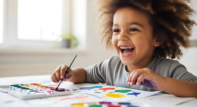 Smiling Young Child with Afro Hair Enjoying Painting with Watercolors at a Bright Workspace