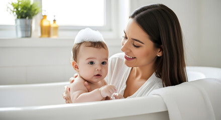 Mother Washing Her Baby in a White Bathtub in a Bright Bathroom Filled with Peaceful Natural Light