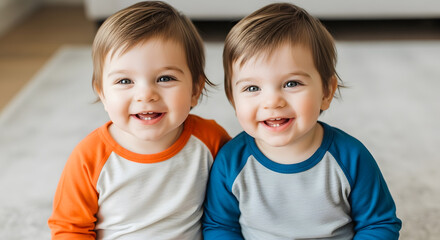 Twins sitting side by side Side by side with big smiles in a softly lit room. Neutral Colors.