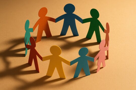 Community unity concept showing diverse paper figures holding hands in collaborative circle formation