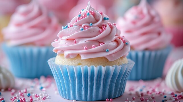 Close-up of cupcakes with pink frosting and sprinkles.