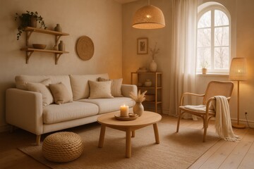 Cozy modern living space with neutral tones and organic textures creating perfect hygge atmosphere for relaxation