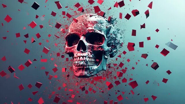 Abstract Skull with exploding shattered fragments in red and blue hues, art.