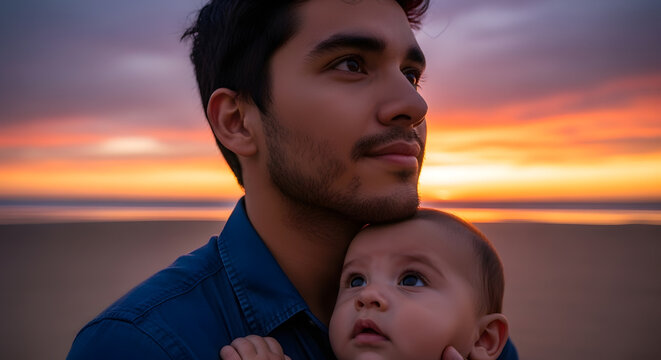 Father and infant standing on empty shore, gazing towards distant horizon under stormy sky
