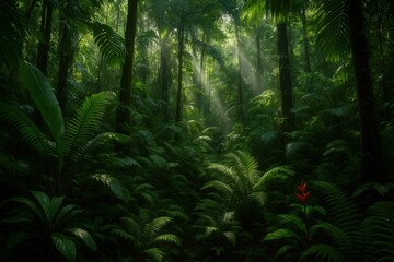 Obraz premium Dense tropical rainforest canopy with vibrant green vegetation and exotic plant life diversity