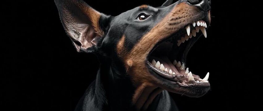 Anamorphic video Doberman Pinscher looking at camera against black background