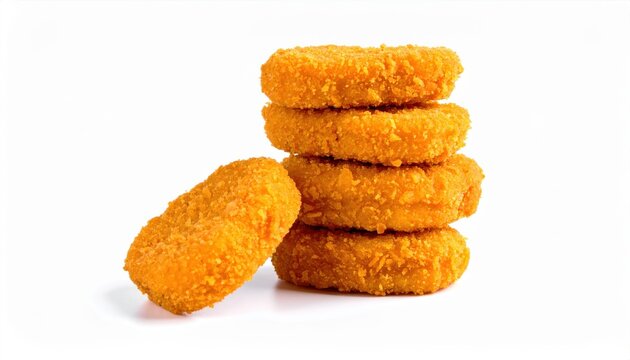 A stack of five crispy chicken nuggets on a white background, showcasing delicious fast food and snack options. - Powered by Adobe