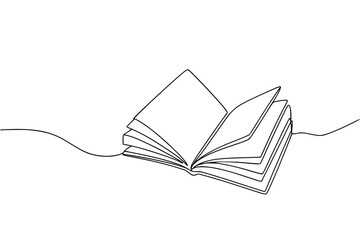 Continuous line drawing of an open book with turning blank pages