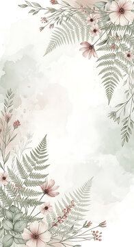 eco,invitation,template background with delicate floral and fern illustrations, soft watercolor wash texture in muted earthy tones, A5 size ratio no teks