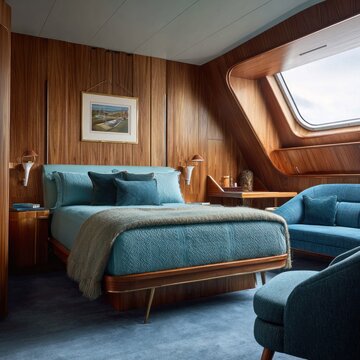 A luxurious bedroom suite with rich teal accents and warm wood tones.