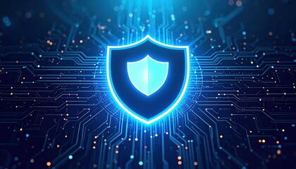 Fototapeta premium A glowing shield icon on a digital circuit board background, symbolizing cybersecurity and digital protection.