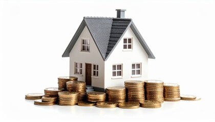 Model house with coin stacks representing real estate investment, savings, and financial growth on a white background.