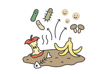 Compost Microorganisms Decompose Organic Waste
A friendly and educational illustration showing microorganisms and fungi breaking down organic waste like banana peels and apple cores in a comp