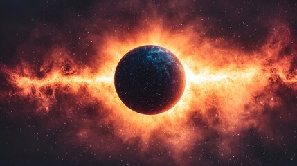 Naklejka premium Cosmic Inferno: A Celestial Body Engulfed in Fiery Nebula