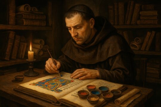 Medieval manuscript illuminator crafting ornate texts in candlelit monastery scriptorium