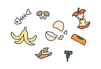 Compostable Food Waste Icon Set

A set of colorful icons showing compostable food waste items such as banana peels, eggshells, vegetable scraps, apple cores, and fish bones. 