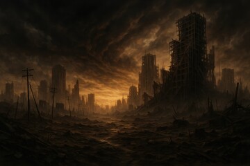Post-apocalyptic landscape showcasing devastated world with dramatic ruins and dystopian atmosphere representing environmental catastrophe and societal collapse