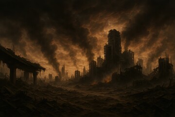 Obraz premium Post-apocalyptic landscape showcasing devastated world with dramatic ruins and dystopian atmosphere representing environmental catastrophe and societal collapse