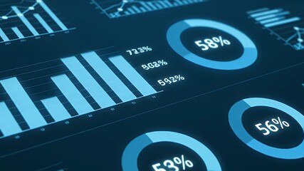 Modern digital data visualization display showing business intelligence financial market analysis growth reports statistics and performance on an abstract techn - Powered by Adobe