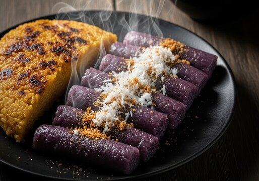 Steaming Filipino Delicacies Ube Halaya and Biko on Black Plate.