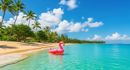 A tranquil beach scene with a flamingo float in the ocean, under a bright blue sky. 