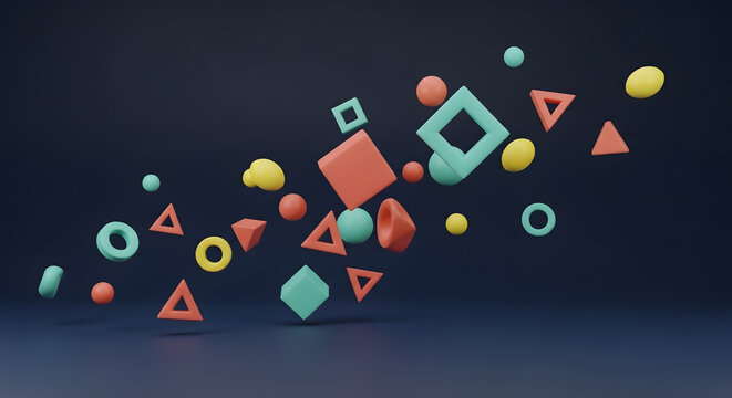 Navy blue background with floating 3D geometric shapes - Powered by Adobe