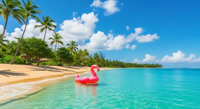 A tranquil beach scene with a flamingo float in the ocean, under a bright blue sky. 