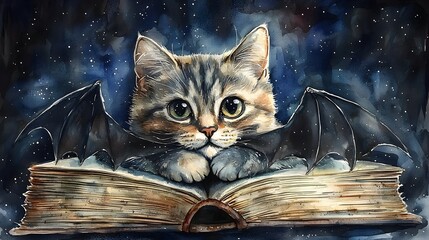 Vintage Senior Cat Reading Book at Night
