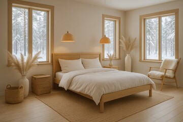 Fototapeta premium Scandinavian-Inspired Modern Bedroom with Natural Wood Elements and Cozy Hygge Atmosphere Design
