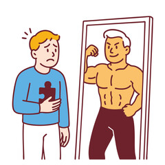 Coloring line art depicts man feeling insecure while looking at muscular reflection