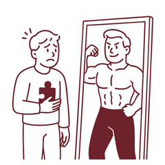 Person holding puzzle piece looks their reflection showing muscular figure, symbolizing self