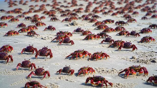 Red crabs migrating on a sandy beach, as more crabs follow in the distance, showing ecological event