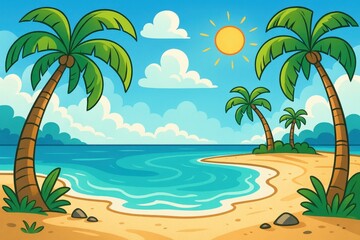 Obraz premium Tropical beach paradise with crystal clear turquoise waters and pristine white sand in cartoon illustration style