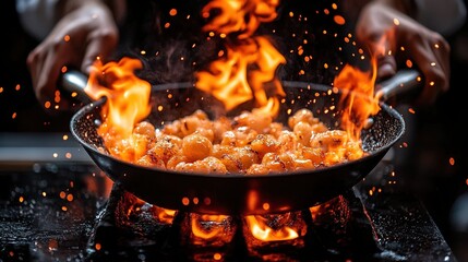 Food being stir-fried in a hot pan with flames.