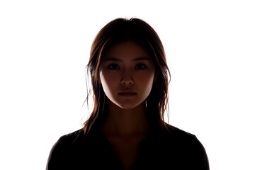 Dark silhouette of young Asian woman on white background front view.