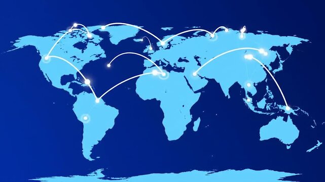 Modern world map with connectivity network. Global communication lines and glowing nodes. Sleek blue gradient tech illustration.