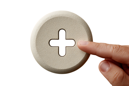 Finger pointing at plus sign on beige button