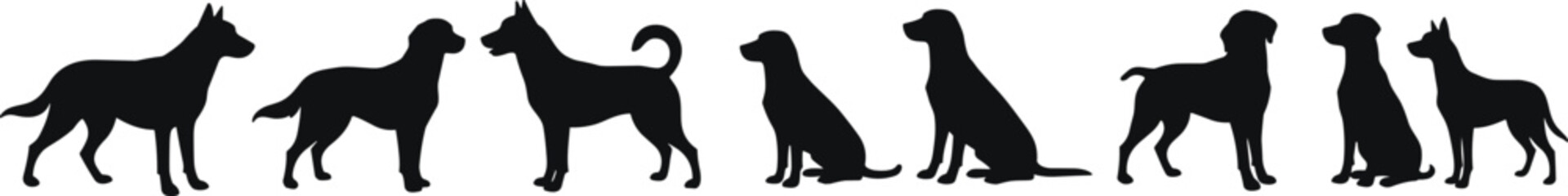 Silhouette illustration of various dog breeds in standing and sitting poses on white background, perfect for pet, animal, vector designs