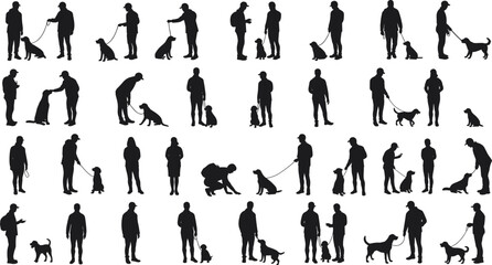 Silhouette of people walking dogs, training pets outdoors, showcasing human-canine bonding, obedience, companionship, fitness, and animal lifestyle moments.