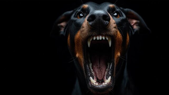 Doberman Pinscher looking at camera against black background