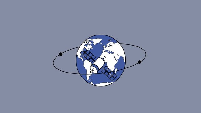 Flat 2D animation of a satellite moving around Earth on a gray background with a simple orbit path. Great for astronomy presentations, space communication visuals, and educational science content.