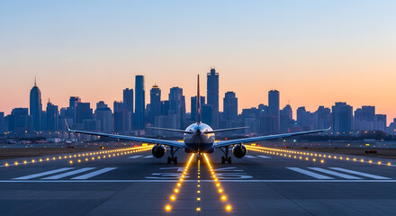 Fototapeta premium Airplane on Runway City Skyline Sunset image