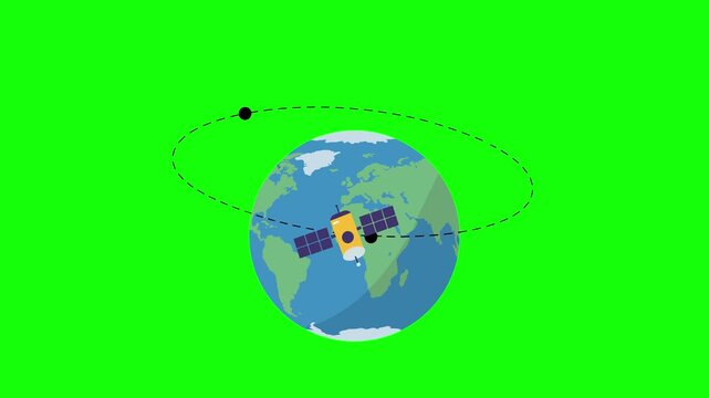 2D animation of Earth with a single dark-colored satellite orbiting in an angled path, isolated on a bright green screen background. Ready for use in educational videos, VFX, or any motion graphics re