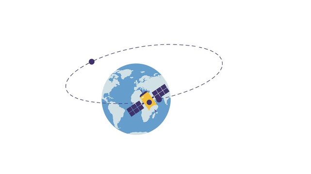 Flat 2D animation of a satellite orbiting Earth on a white background with a dotted trajectory line. Perfect for space technology videos, communication network explainers, and astronomy education.