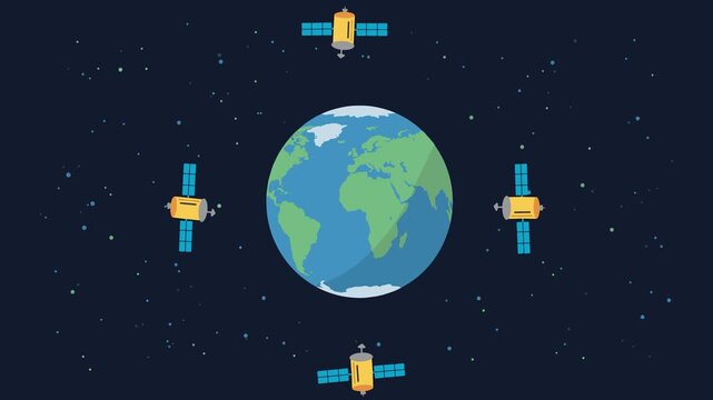 Flat 2D animation of planet Earth with four communication satellites orbiting in outer space on a dark starry background. Great for global technology videos, telecommunication explainers, and astronom